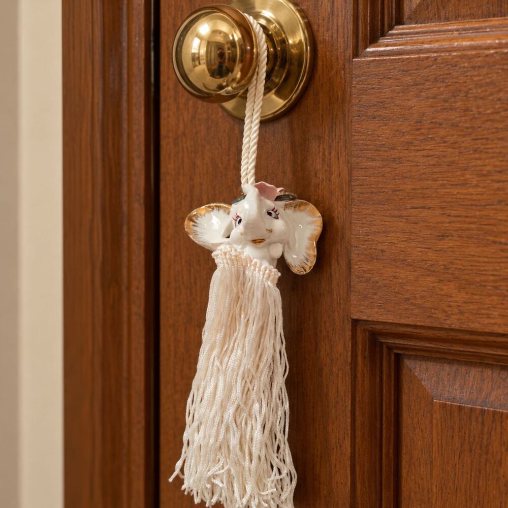 Porcelain Elephant Door Knob Hanger White Tassel Gold Pink Decorative Accent